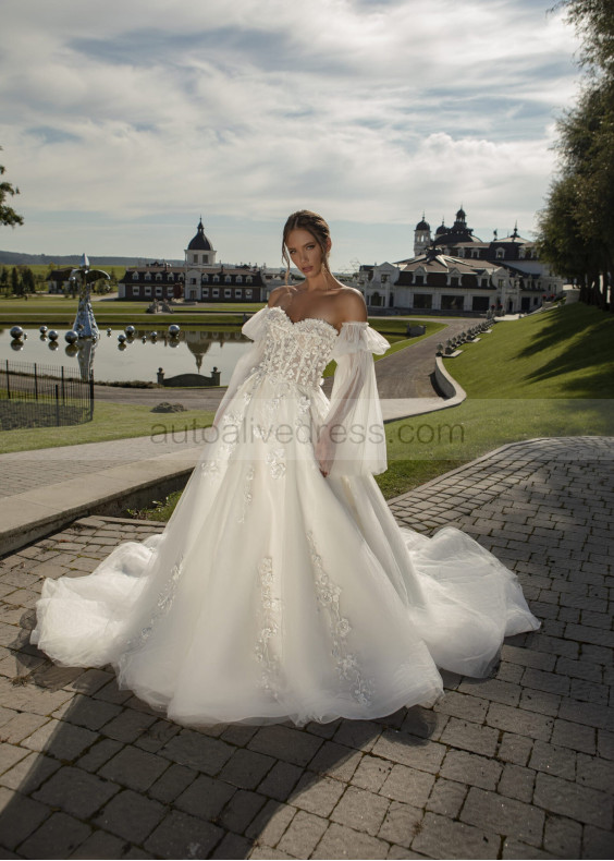 Strapless Pearl Beaded Ivory Lace Tulle Floral Wedding Dress